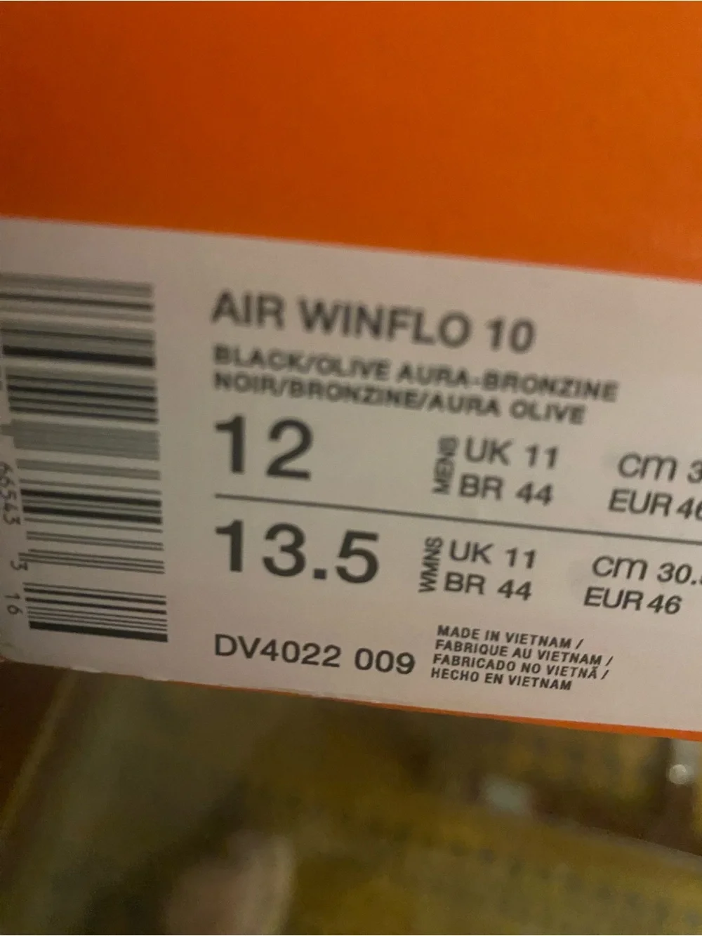 AIR WINFLO 10 BLACK/OLIVE AURA-BRONZINE NOIR/BRONZINE/AURA OLIVE size 12